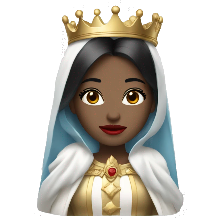 Queen with pale skin, icy blue eyes, bright red lips, long black hair, gold crown, and white robes. emoji
