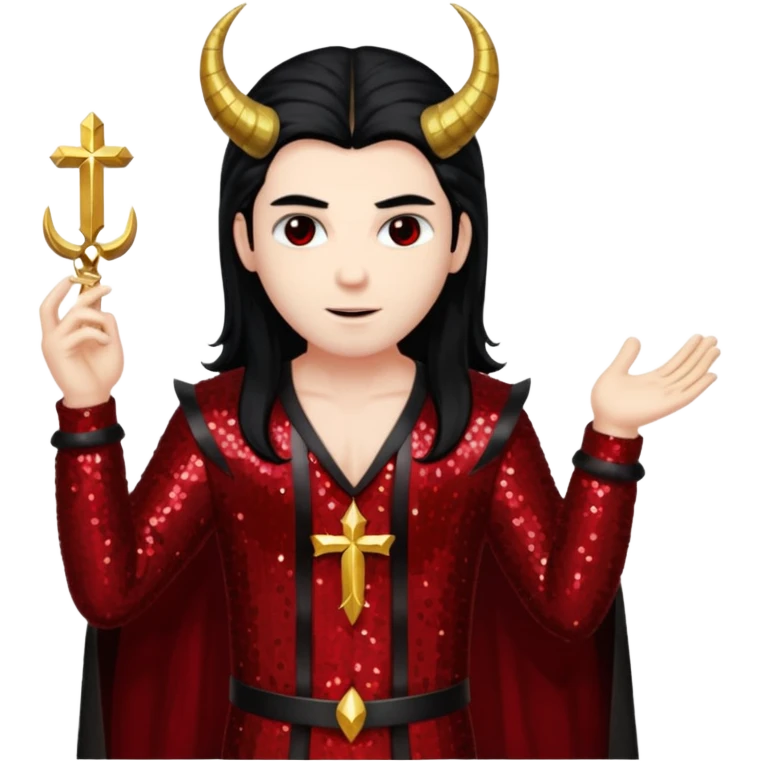 Lucifer from The Bible with long black hair, dark red sequin outfit emoji