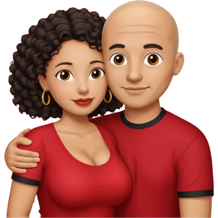 A picture of a tanned couple embracing. the guy is Mexican, with a bald hair cut and he is wearing a red shirt. the girl is mixed, the girl is wearing a black shirt, the girl has curly longer dark brown hair and with big boobs  emoji