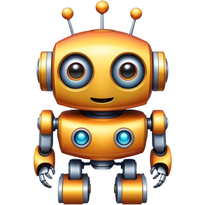 A toy robot with big eyes and a happy expression emoji