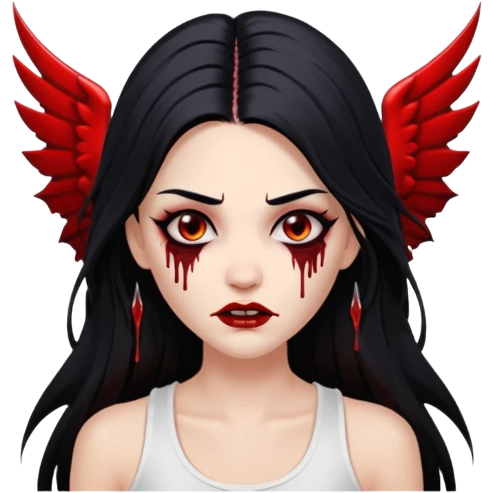 White woman with a white tank top long black hair glossy middle part long hair vamp look with fangs or blood dripping brown eyes eyeliner winged with lashes top and bottom emoji