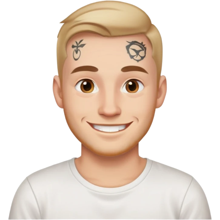 white man with small face tattoo, smiling, wearing a white t-shirt emoji