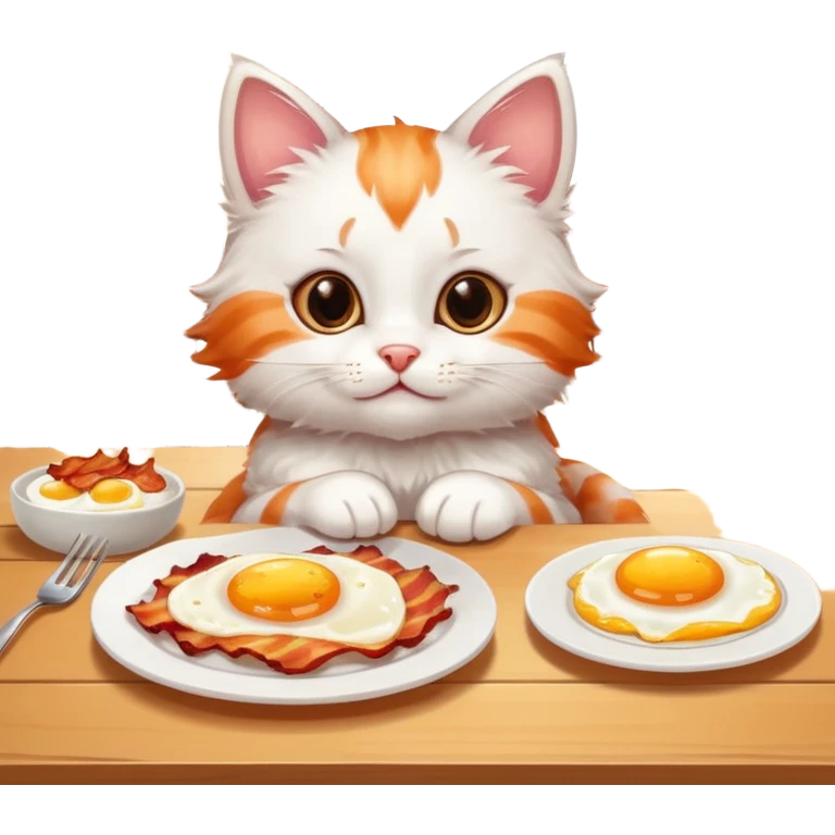 Cute kitten sitting at a table with a plate of bacon and eggs emoji