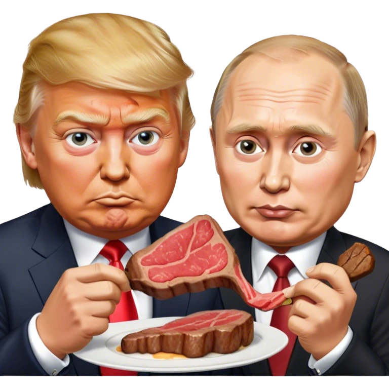 photorealistic Donald Trump and Putin eating a steak shaped like an piece of land emoji