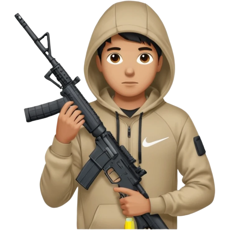 
Fais moi un jeune taliban qui ressemble qui tient une AR15 avec un hoodie a capuche, capuché, avec la cagoule nike therma fit hood emoji
