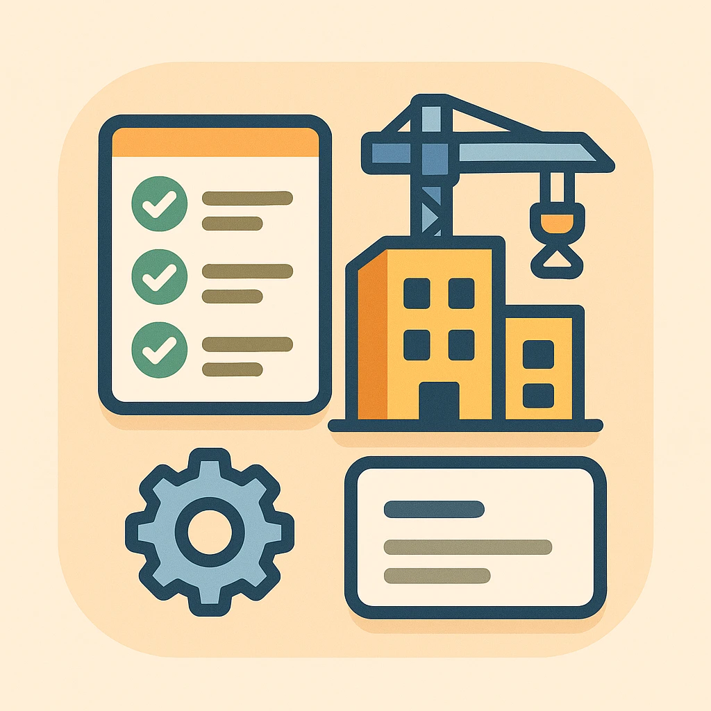 Flat emoji-style illustration of a software registry for a construction company. Includes a checklist/database icon, small gear/settings symbol, building/crane for construction theme, and a simplified UI card with lines for descriptions. Rounded shapes, soft shadows, friendly color palette. Clear, professional, and approachable emoji