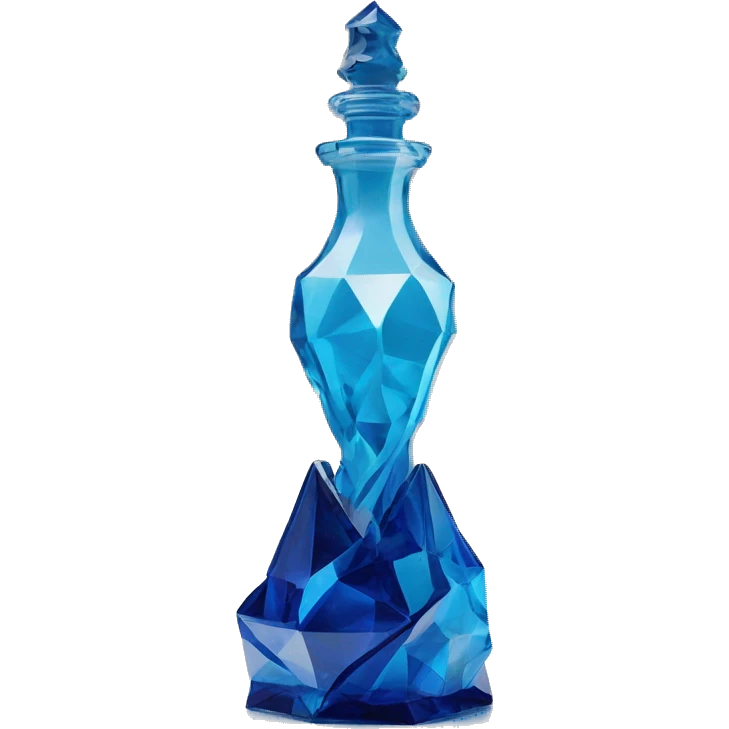 symbolic ocean in a bottle sculpture symbolizing Pisces with a geometric, faceted design. The bottle is standing upright with angular and baroque features. The vibrant deep blue waves colors highlights the sharp edges and planes.  emoji