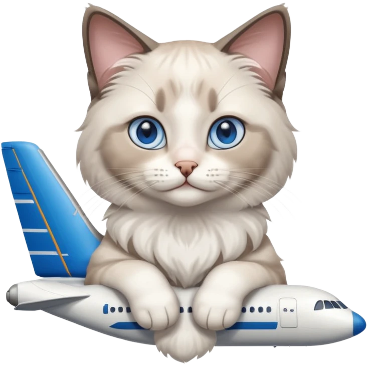 Cute ragdoll cat on an airplane. Should sit on top of the plane, cat is way bigger than airplane. Can you make the plane cooler like airbus a380 and the cat a bit happier? I liked the first and last pic out of these. Cat should be ragdoll with white and grey just like these emoji