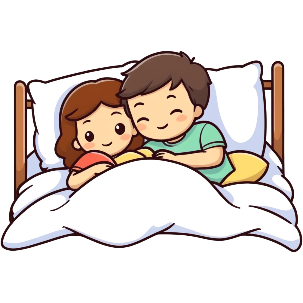 Brunette girl and brown boy cuddling in bed emoji