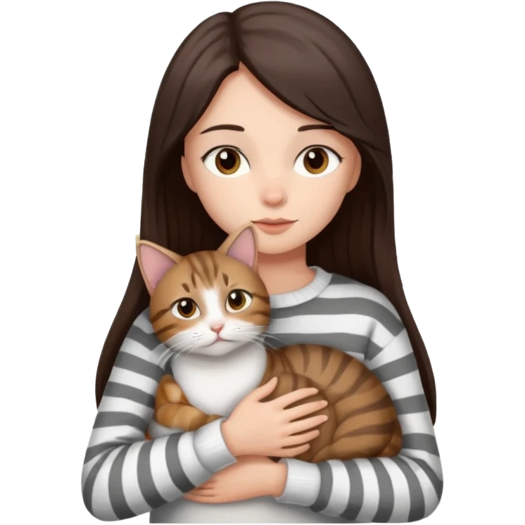 a girl with long dark brown hair, in a
white sweater and brown eyes, hugs a tabby
grey and white strips one cat. emoji