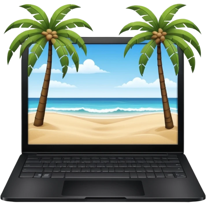  An open laptop on the beach. bildschirm ist schwarz und im hintergrund sind palmen, meer emoji