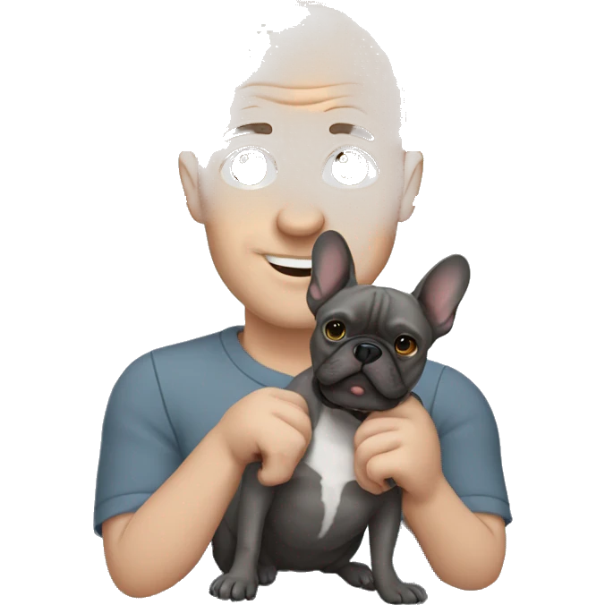 Bald man holding dark grey french bulldog  emoji