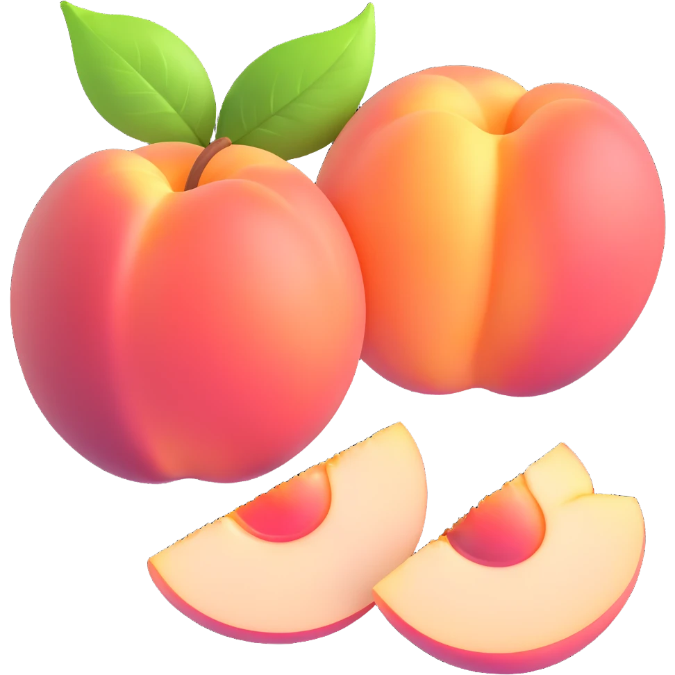 juicy white peach, whole and halved, glossy, modern and clean, appetizing appearance, iOS 3D emoji style emoji