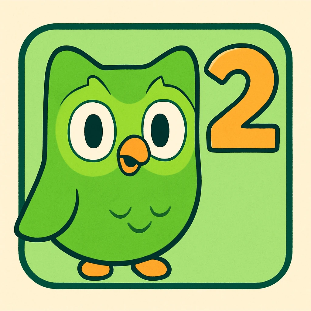 Duolingo-style icon with number 2 in rounded cartoonish font, green background, fun approachable feel of Duolingo brand emoji