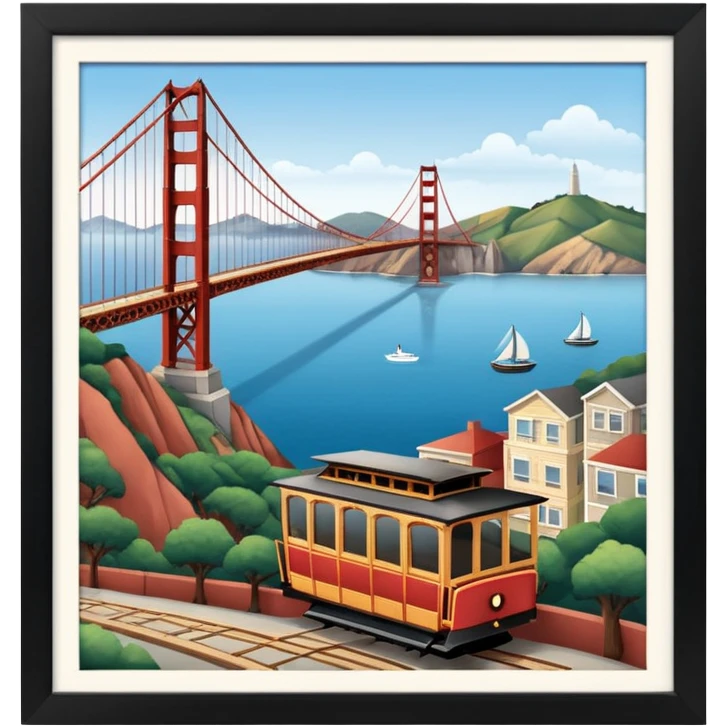 Make a full city of San Francisco with the Golden Gate Bridge in the background and a train car going up the hill emoji