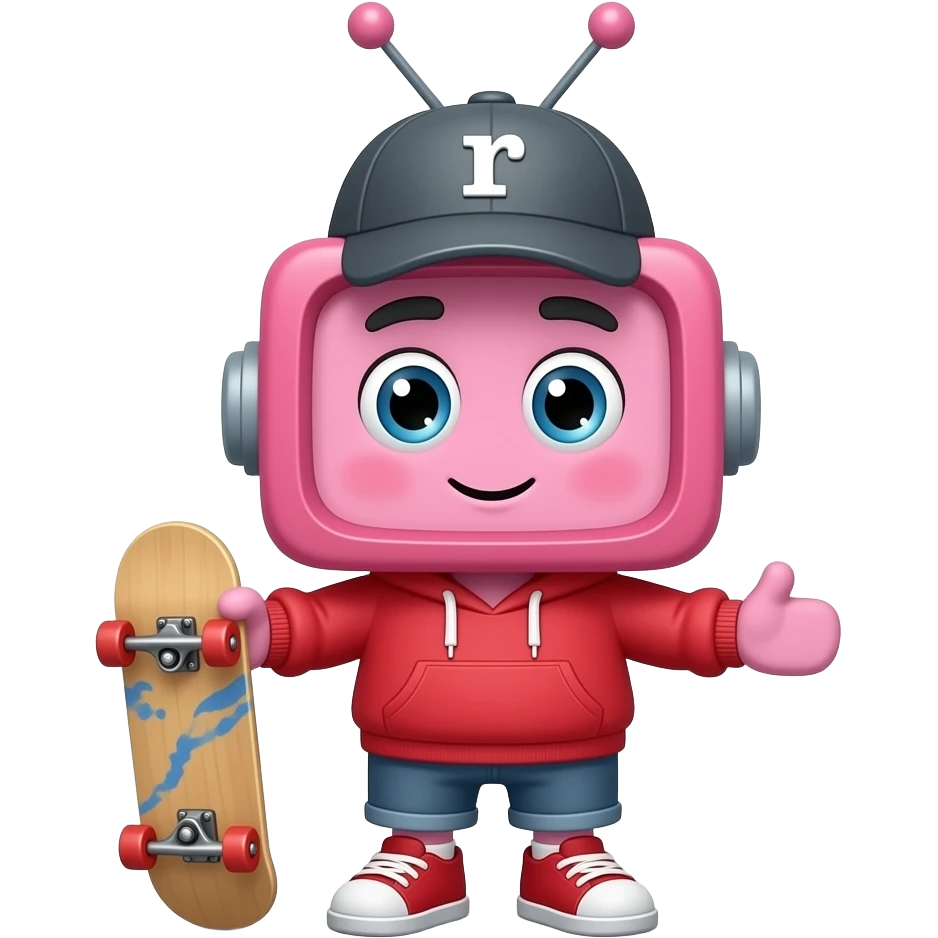 A pink tv with a hat that has an r on it with antennas coming out where it is holding a skateboard with a square body arms and legs wearing a red hoodie emoji