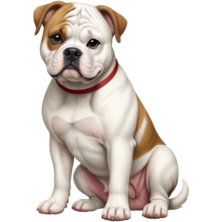 cinematic-[american bulldog]-realistic-full-body-sitting-emoji,-tail-resting-loosely-beside-its-paws,-head-tilted-dramatically,-fluffy-[colour]-fur,-simplified-yet-realistic-focused-features,-highly-detailed,-glowing-with-an-almost-sarcastic-glow emoji