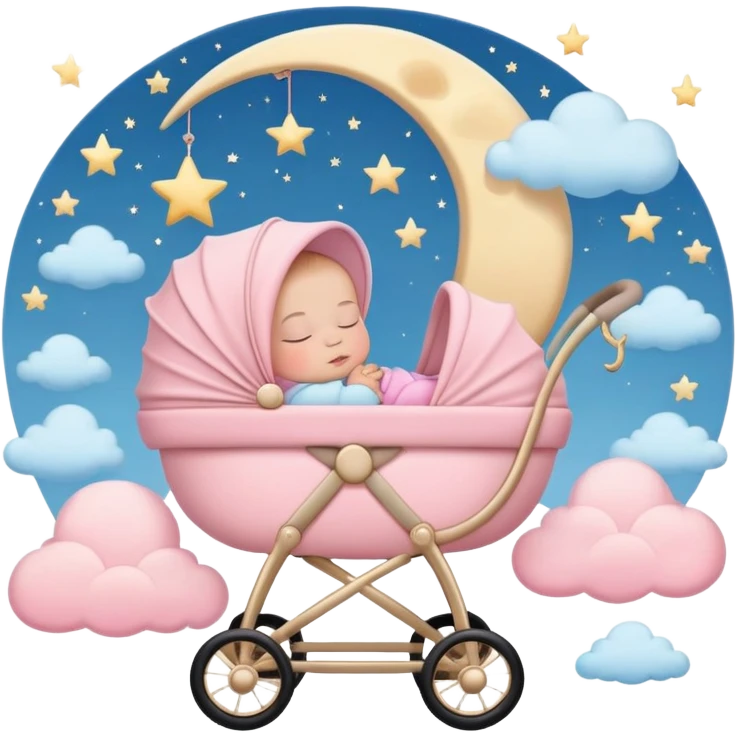 sleeping baby in pink and beige stroller with crescent moon and stars above with pastel blue clouds emoji