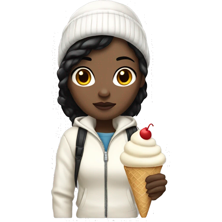 A girl with pale skin and black hair holding a vannila ice cream with a white jacket and a white beanie emoji