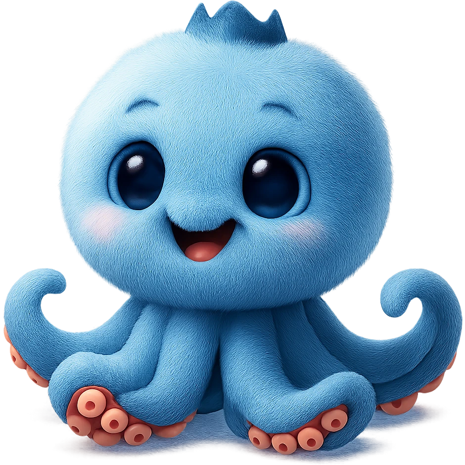 Change the octopus character's face to a happy expression, keeping the image quality and style the same, transparent background, maintain the original style and details. emoji