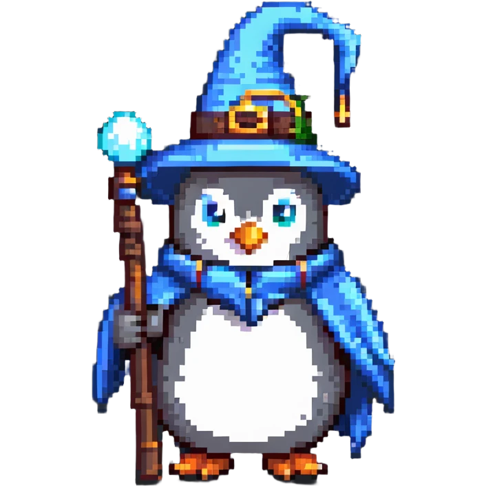 penguin wizard with a staff and wizard hat emoji