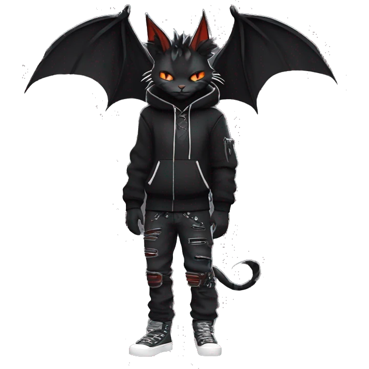 Cool Anthro Black Bat-Nargacuga-Litten-cat-Pokémon with edgy stripes hoodie spiked collar punk techwear Full Body emoji