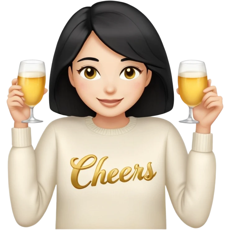 A woman with longer black hair, light to medium skin tone, full cheeks, and almond-shaped eyes, wearing a simple white sweater with the word 'cheers' in gold script, joyful and radiant expression, cheerful, emoji style, just her torso. emoji