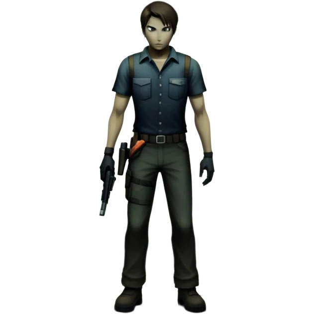 An icon featuring a dark, eerie atmosphere with a spooky environment, inspired by horror games like Resident Evil. The design includes ominous lighting, creepy shadows, and a silhouette of a character in distress. Transparent background enhances the chilling vibe of the scene. emoji