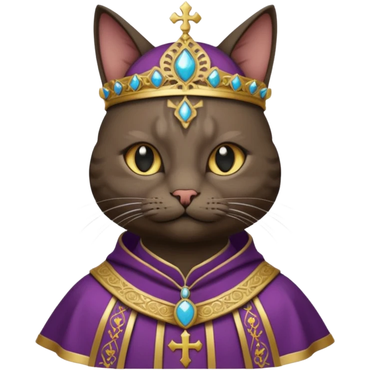 “Half-body humanoid figure with a realistic cat face, wearing ornate bishop robes and a mitre, dark gothic background, dramatic lighting, emoji