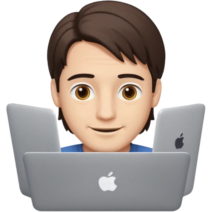 A man in his mid 20s, middle part average dude with slightly droopy eyes, happy, using a MacBook, hero for an iOS developers website emoji