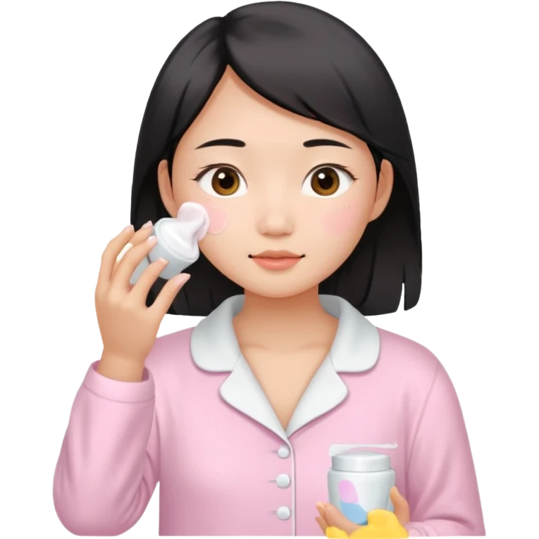 angelic asian girl doing skin care in baby pink pajamas, applying cream to her face emoji
