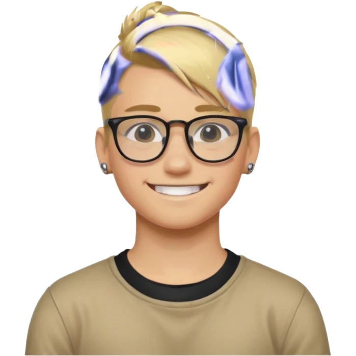 blond hair teen boy pony tail undercut with tattoo on his neck, wearing glasses, strong built, smile warmly  emoji
