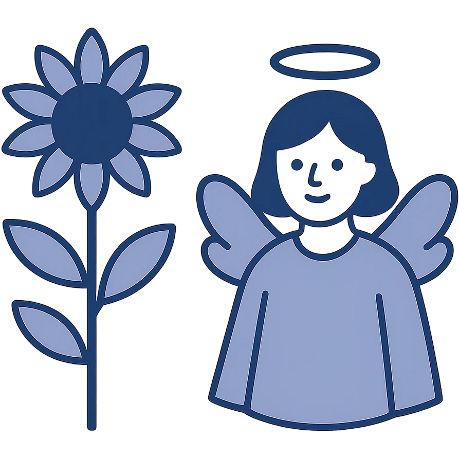 icon of a sunflower and an angel, minimalistic, flat design emoji
