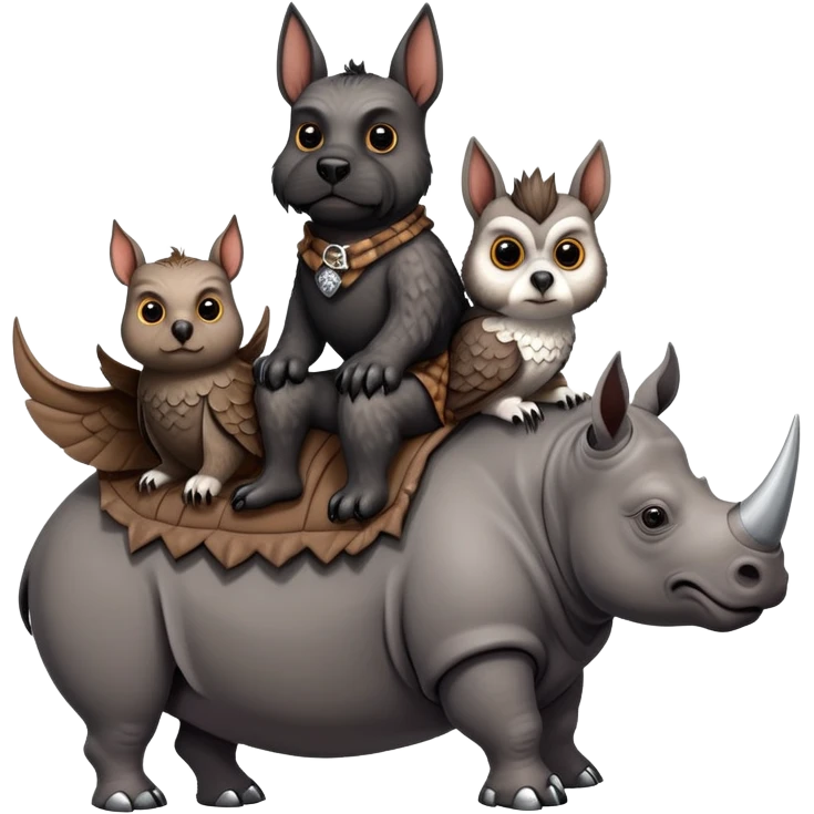 Two Scottish terriers and an owl riding a rhino emoji