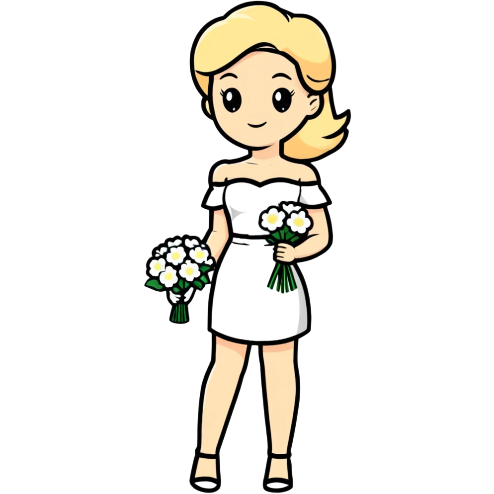 blonde woman in a white off-shoulder dress with a bouquet of white flowers in a white bag in her right hand emoji