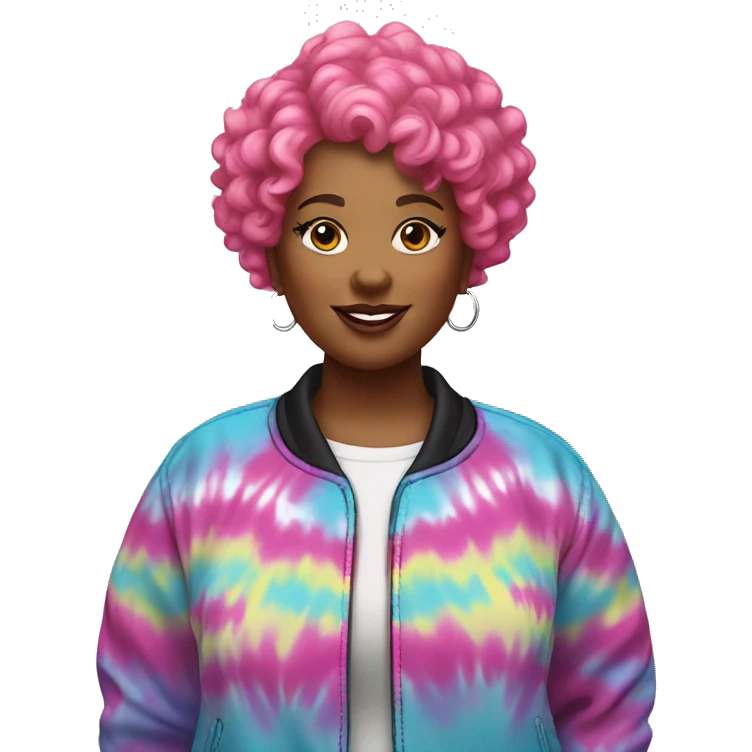Plus size black woman with pink curly pixie cut hair and a tie dye jacket  emoji