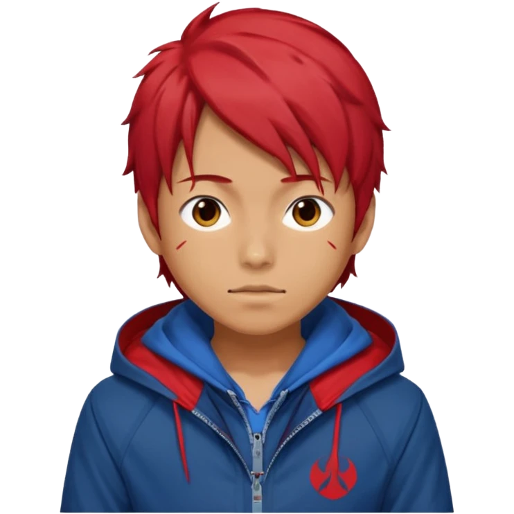 yuiji itadori jjk avec cheveux rouge veste bleu et capuche rouge emoji