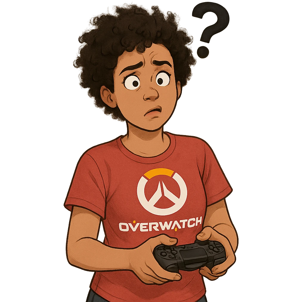 a playful Overwatch fan who rarely plays, holding a controller but looking confused emoji