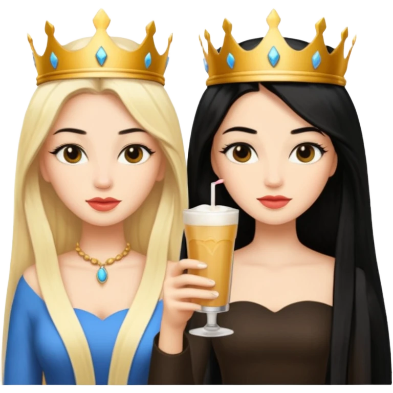 Two queens with long black hair and blonde drink emoji