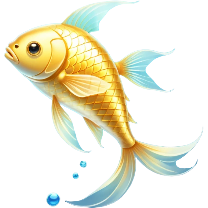 Ethereal golden fish with translucent glowing scales transforming into or carrying a shining golden omega-3 capsule. The fish appears magical and flowing, with streams of light connecting it to the capsule. Both elements emit a soft radiant glow in a dreamy atmosphere with subtle blue undertones. emoji