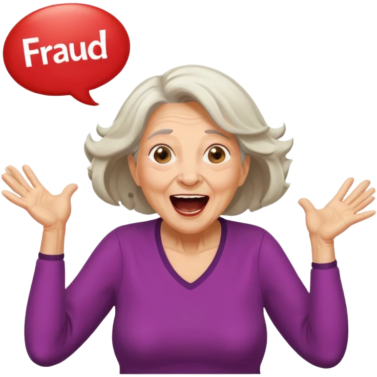 Older Woman jumping screaming and word “fraud” in a bubble emoji