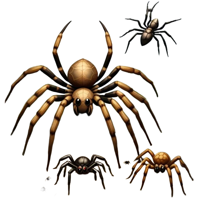 Collage of various spiders, including tarantulas and other exotic species, inside a  terrarium with webs and natural décor. Close-up shots of their intricate legs, eyes, and fuzzy bodies. Soft lighting, transparent background. emoji
