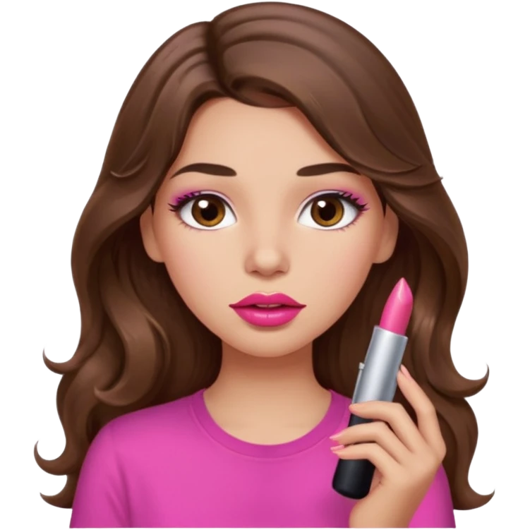 girl with long wavy brown hair, brown eyes, light to medium complexion, in a pink shirt, pink lips, long lashes, puckered lips, putting on lipstick emoji