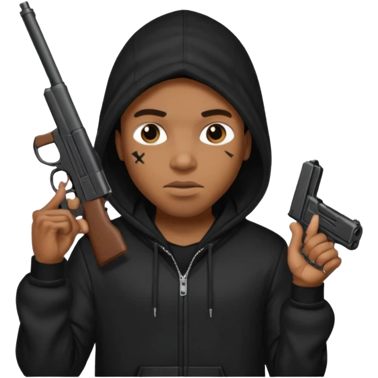 A black man in the hood holding a gun saying give me all your money nigga emoji