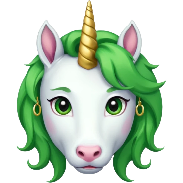 unicorn with green hair and earrings looking into camera emoji