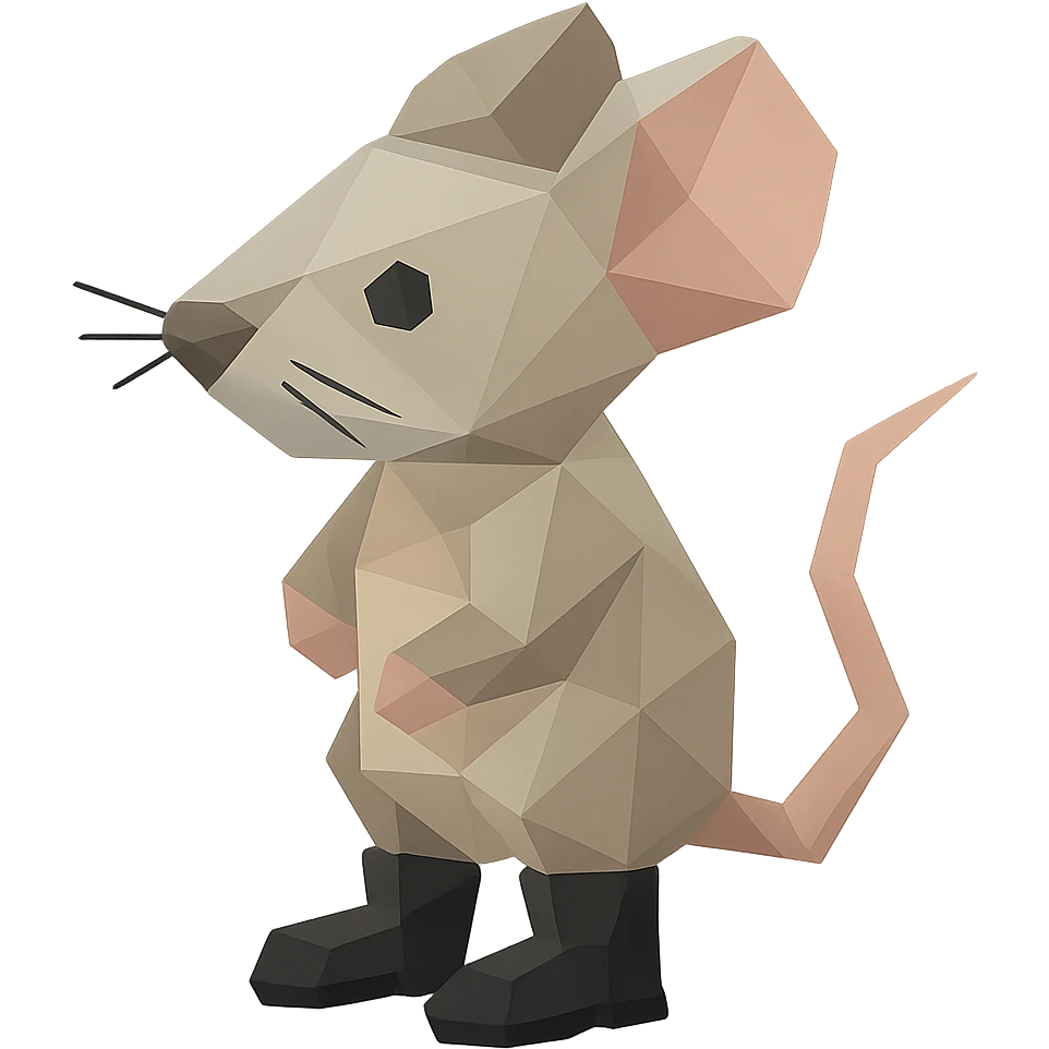 mouse emoji wearing black boots, low-poly polygonal style emoji