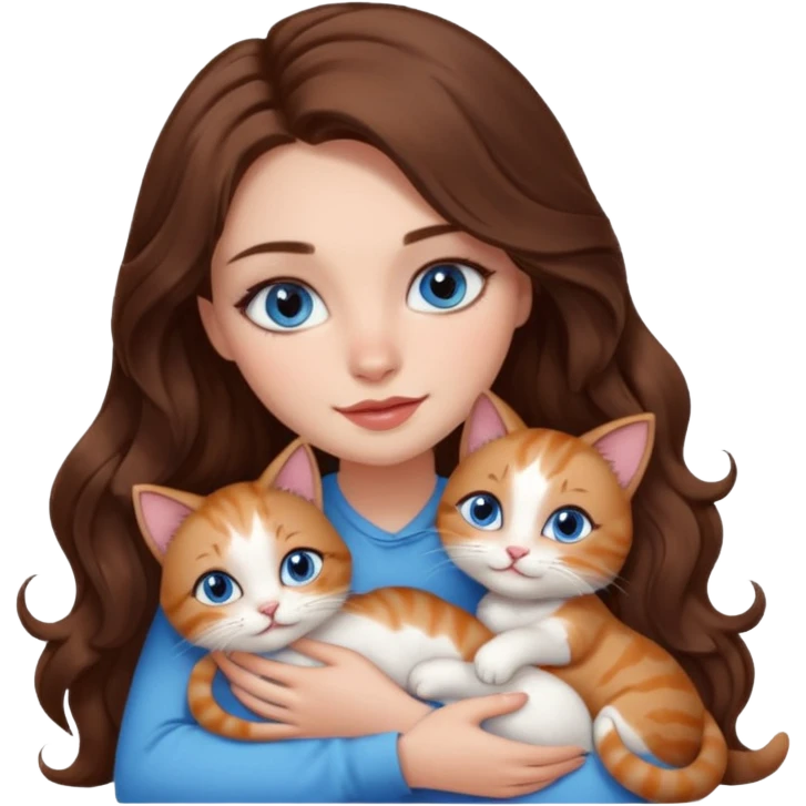 girl with long wavy brown hair, blue eyes, long lashes makeup, cuddling with 6 cute cats emoji