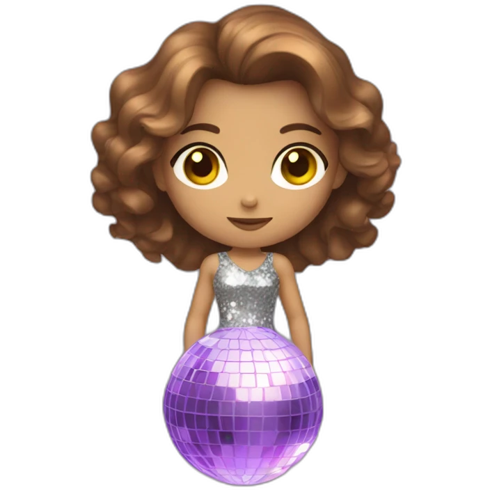 female with brown wavy hair dressed in a party dress and disco ball emoji
