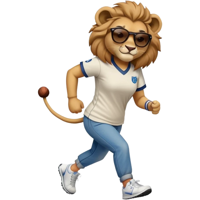 friendly anthropomorphised female lion wearing a baseball shirt, jeans, trainers, dark sunglasses, jogging upright, looking dominant and confident emoji
