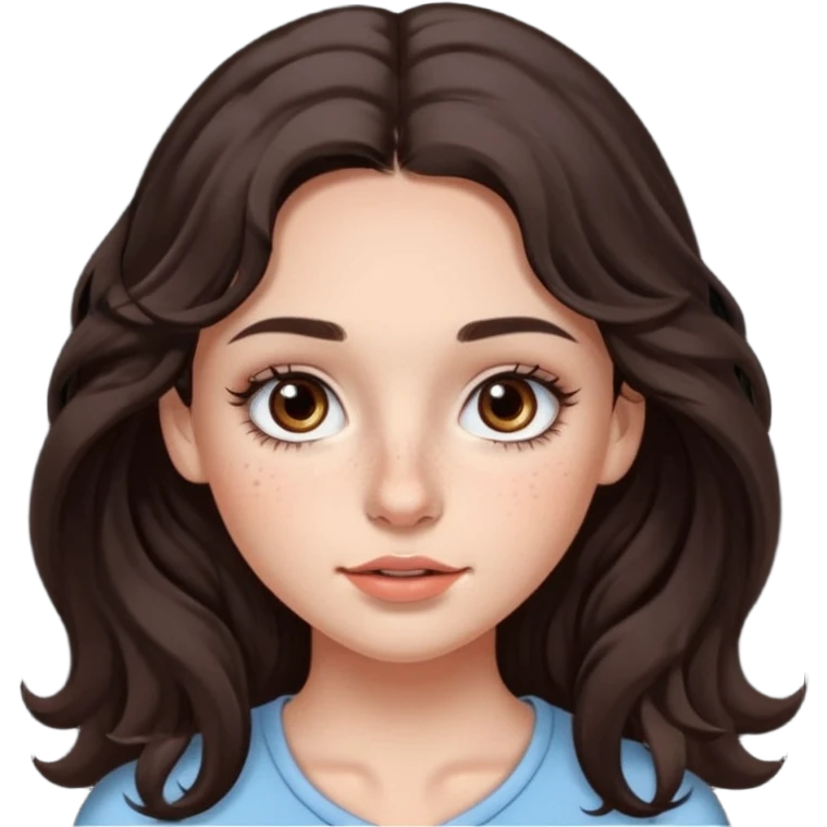 A girl with long wavy dark brown hair, dark brown eyes with eyelashes, prominent freckles on the nose, wider nose the usual,natural lined lips,and little blush emoji
